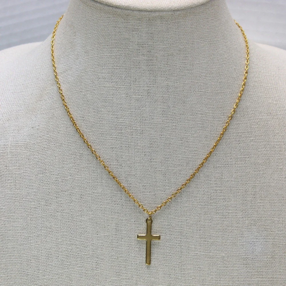 Cross Pendant Necklace 17 Inch Gold Tone Minimalist Religious Jewelry Charm